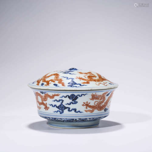 A Blue and White Red Dragon Pattern Porcelain Bowl with Cover