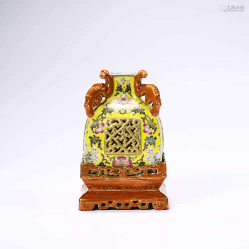 A Famille Rose Yellow Ground Floral Carmine Gilt-inlaid Porcelain Incense Burner