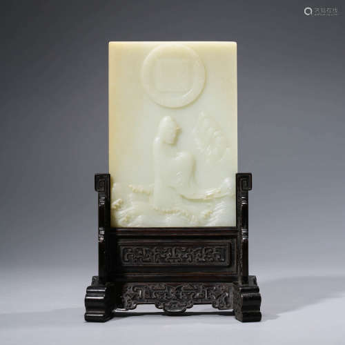 A Bodhidharma Carved White Jade Inscribed Table Screen