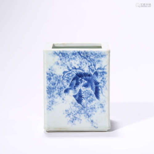 A Blue and White Flower&Bird Pattern Porcelain Square Brush Pot