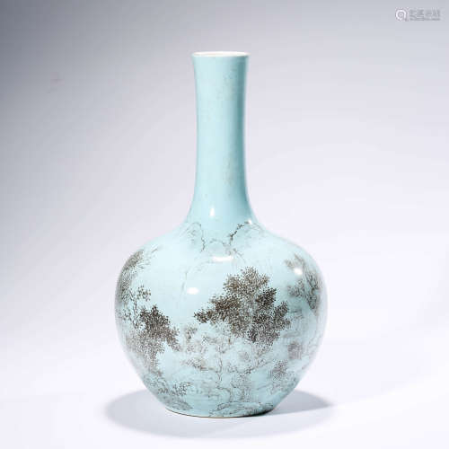 A Blue Green Glaze Grisaille Landscape Porcelain Flask