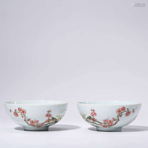 A Famille Rose Plum Blossom Porcelain Inscribed Bowl