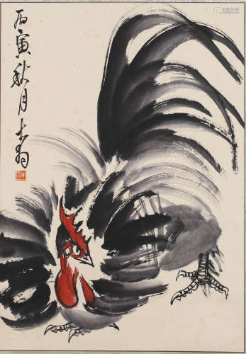 A Chinese Rooster Painting Scroll, Chen Dayu Mark