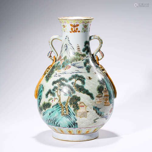 A Famille Rose Landscape Porcelain Double Ears Gilt-inliad Pot