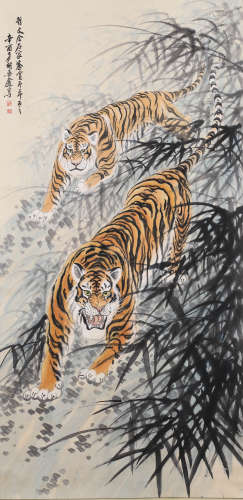 A Chinese Tigers Painting Scroll, Hu Shuang'an Mark