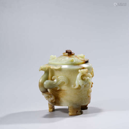 A Three-legged White Jade Dragon Pattern Cup with Cover