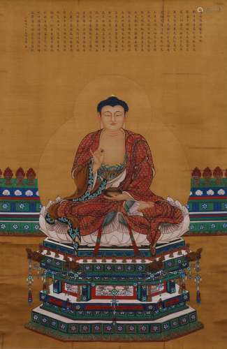 A Chinese Buddha Painting Scroll, Ding Guanpeng Mark