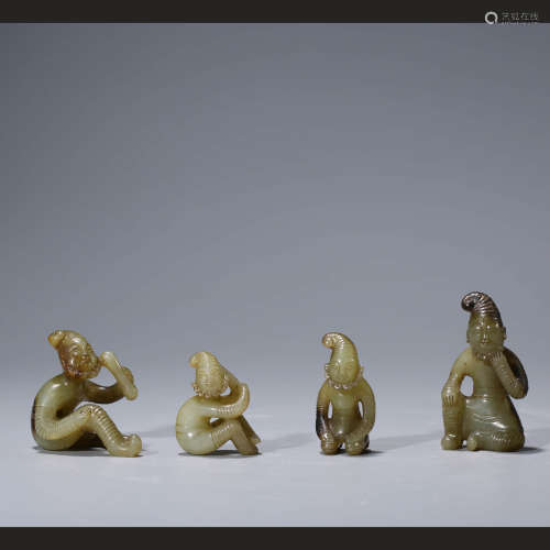 A Set of Yellow Jade Carved Figure Ornaments