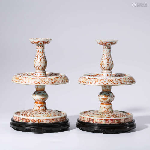 A Pair of Carmine Red Ground Twining Lotus Pattern Porcelain Candlestick