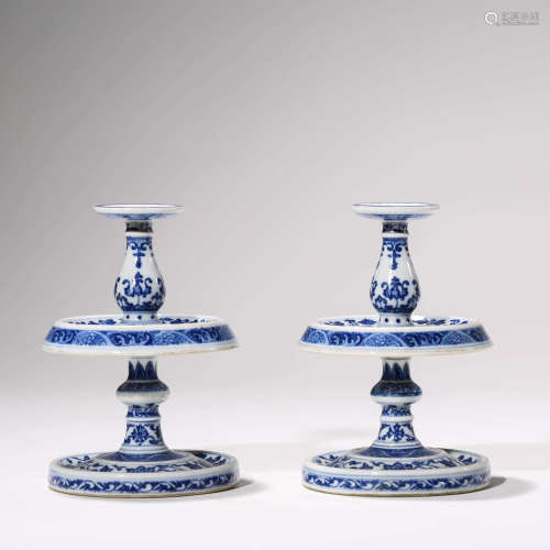 A Pair of Blue and White Twining Lotus Pattern Porcelain Candlestick