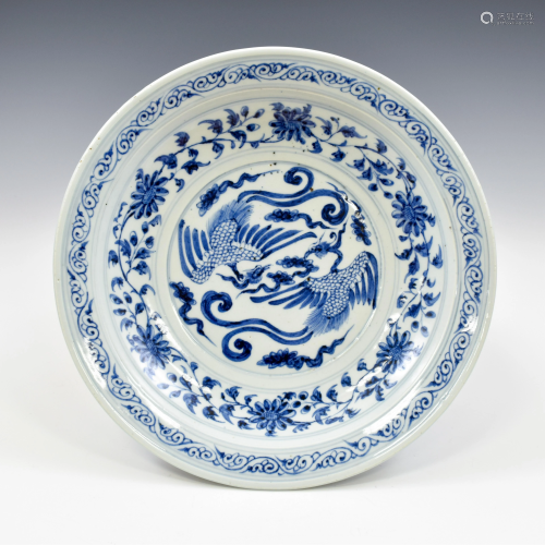 YUAN BLUE AND WHITE PHOENIX PLATE