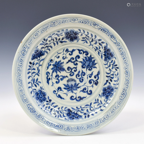 YUAN BLUE AND WHITE FLORAL PLATE