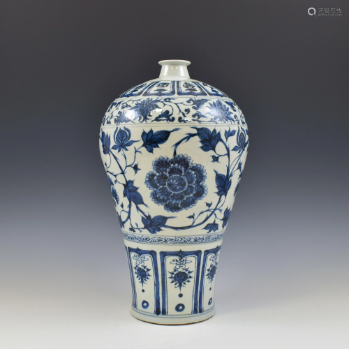 YUAN BLUE & WHITE FLORAL MEIPING JAR