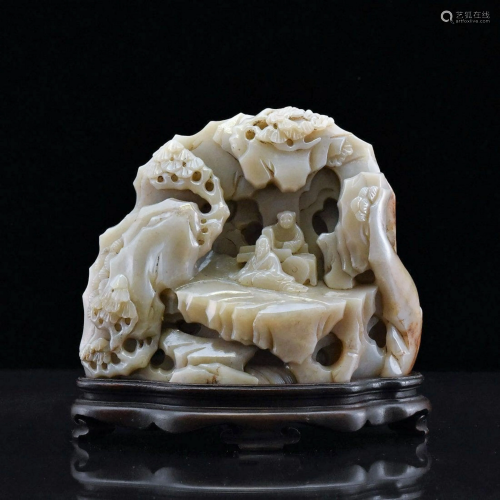 CHINESE CARVED JADE BOULDER MOUNTAIN ON STAND