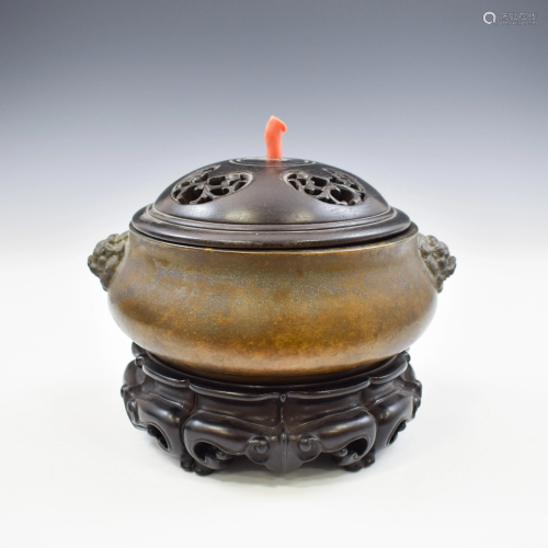 BRONZE COVERED CENSER & RED CORAL FINIAL ON STAND