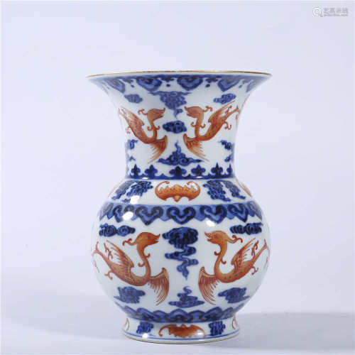 Qing Qianlong blue and white Sanskrit red slag bucket