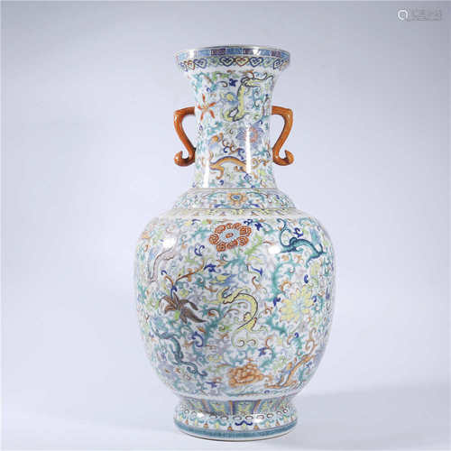 Qing Dynasty Qianlong pastel vase with two ears