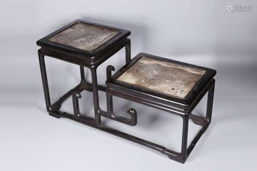 ZITAN WOOD AND STONE INSET TIERED RECTANGULAR STAND