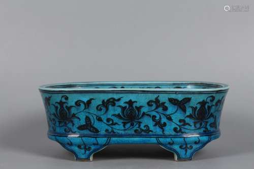 MING DYNASTY XUANDE PERIOD-BLUE GLAZING BLUE WHITE FOLIAGE FLOWER POT