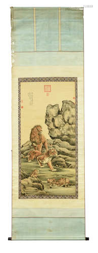 ZOU YIGUI: INK AND COLOR ON PAPER SILK 'LIONS'