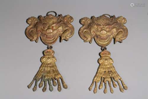 PAIR OF GILT BRONZE CAST 'MYTHICAL BEAST' ORNAMENTS