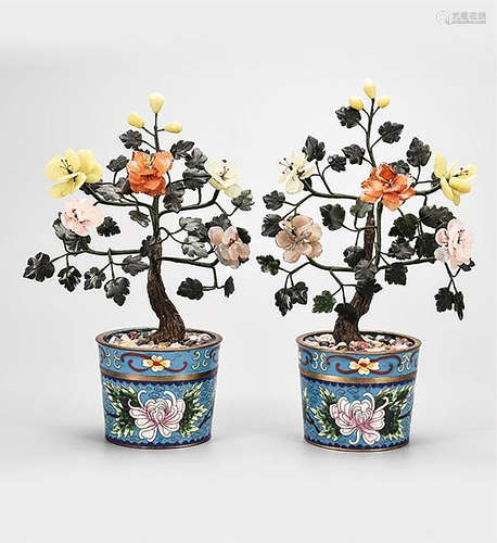 PAIR OF CLOISONNE ENAMELED AND SEMI-PRECIOUS STONE CARVED FLOWER PLANTERS