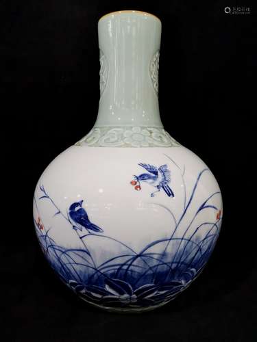 CELADON EMBOSSMENT AND BLUE WHITE BIRDS BOTTLE VASE