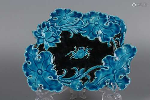 QING DYNASTY-BLUE GLAZING LOTUS FLOWERS CRAB INK BOX