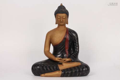 QING DYNASTY QIANLONG PERIOD-BLACK GLAZING GILT BUDDHA STATUE