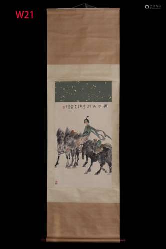 JIANG DAWEI: INK AND COLOR ON PAPER PAINTING 'GIRL ON HORSE'