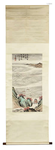 QIN ZHONGWEN: INK AND COLOR ON PAPER PAINTING 'LANDSCAPE SCENERY'