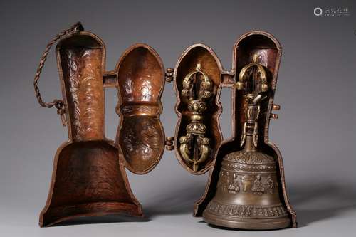 SET OF TWO GILT BRONZE CAST RITUAL IMPLEMENTS WITH BRONZE CASE