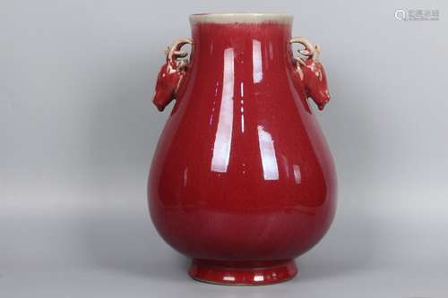 QING DYNASTY QIANLONG PERIOD-RED GLAZING VASE WITH DEER HEAD HANDLES