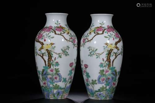 PAIR OF FAMILLE ROSE 'FLOWERS AND BIRDS' VASES