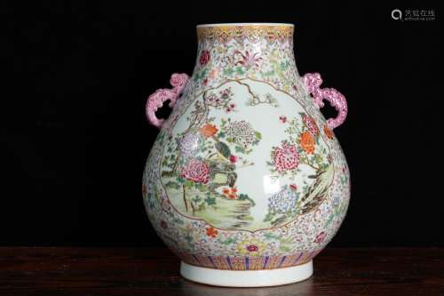 QING DYNASTY QIANLONG PERIOD-FAMILLE ROSE FOLIAGE OPEN MEDALLION BIRDS FLOWERS VASE WITH HANDLES