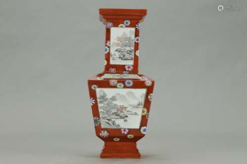 QING DYNASTY QIANLONG PERIOD-FAMILLE ROSE RED GLAZING FAMILLE ROSE BALL FLOWERS OPEN MEDALLION GRISAILLE LANDSCAPE VASE