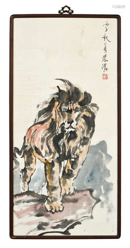 XU BEIHONG: FRAMED INK AND COLOR ON PAPER PAINTING 'LION'