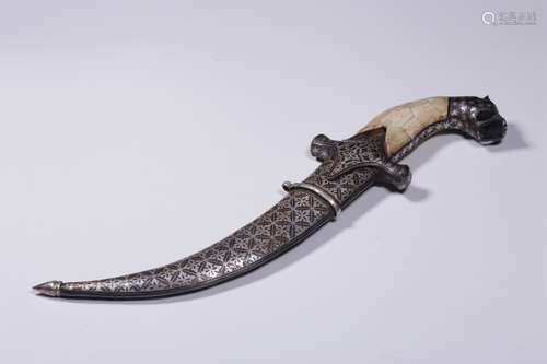 BRONZE CAST AND SILVER INLAID CURVED DAGGER