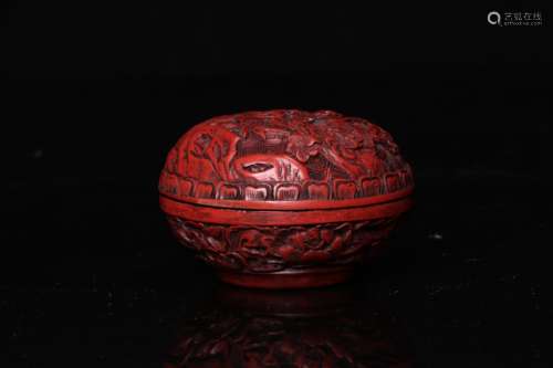 CINNABAR LACQUER CARVED 'LANDSCAPE SCENERY' ROUND COVER BOX