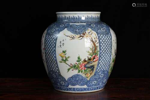 QING DYNASTY DAOGUANG PERIOD-BLUE WHITE OPEN MEDALLION ENAMEL FLOWERS JAR