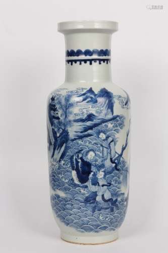 QING DYNASTY-BLUE WHITE STORY MOTIF ROULEAU VASE