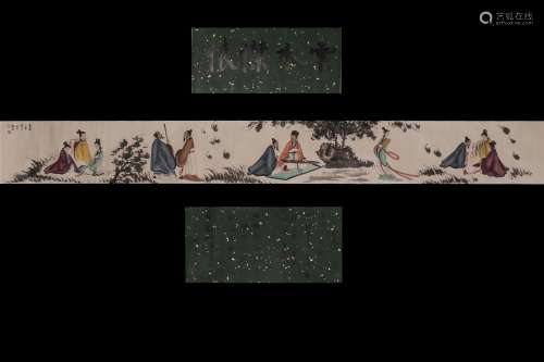 FU BAOSHI: INK AND COLOR ON PAPER HORIZONTAL HAND SCROLL 'PEOPLE'