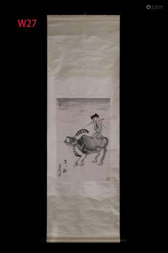 NIU LANG: INK AND COLOR ON PAPER PAINTING 'LADY ON WATER BUFFALO'