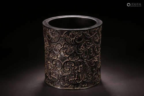 ZITAN WOOD CARVED 'FLOWERS AND VINES' BRUSH POT
