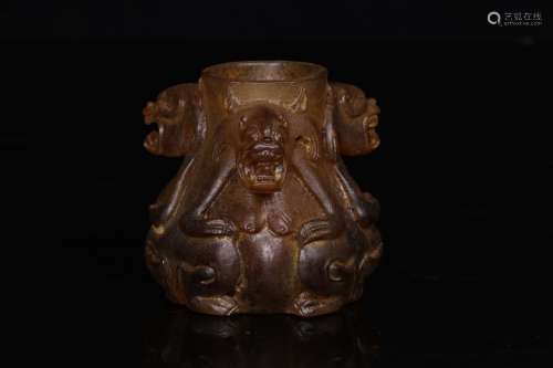 BROWN GLASS 'THREE MYTHICAL BEASTS' SPITTOON