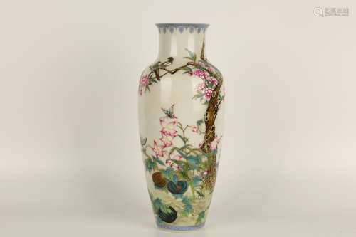 QING DYNASTY YONGZHENG PERIOD-FAMILLE ROSE BIRDS FLOWERS VASE