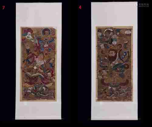 PAIR OF PIGMENT PAINTED 'GUARDIANS' SCROLLS