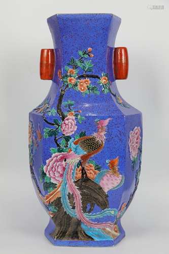 QING DYNASTY QIANLONG PERIOD-BLUE GLAZING BIRDS FLOWERS EMBOSSMENT HEXAGON VASE WITH HANDLES