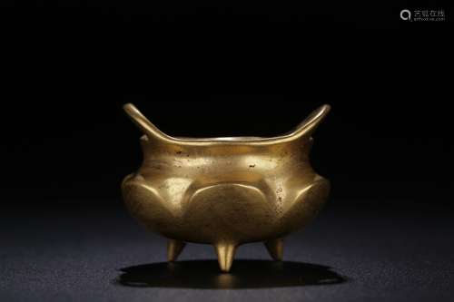 GILT BRONZE CAST TRIPOD 'LOTUS' CENSER WITH HANDLES