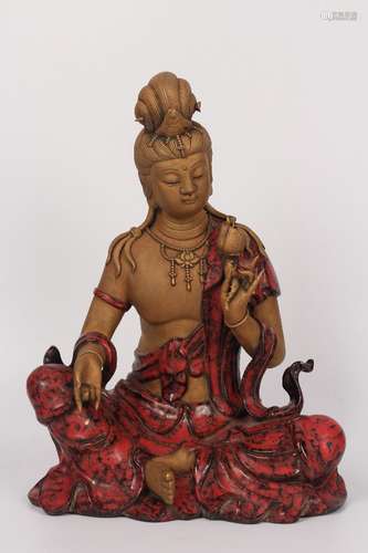 QING DYNASTY QIANLONG PERIOD-RED GLAZING GILT GUANYIN STATUE